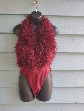 SHEIN Maroon Faux Fur Halter One-Piece Bodysuit